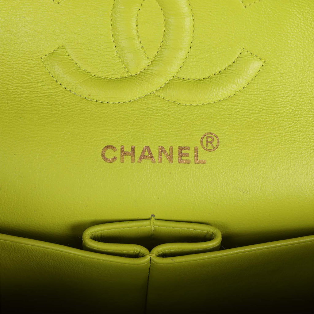 Vintage Chanel Medium Classic Double Flap Lime Green Lambskin Green Hardware