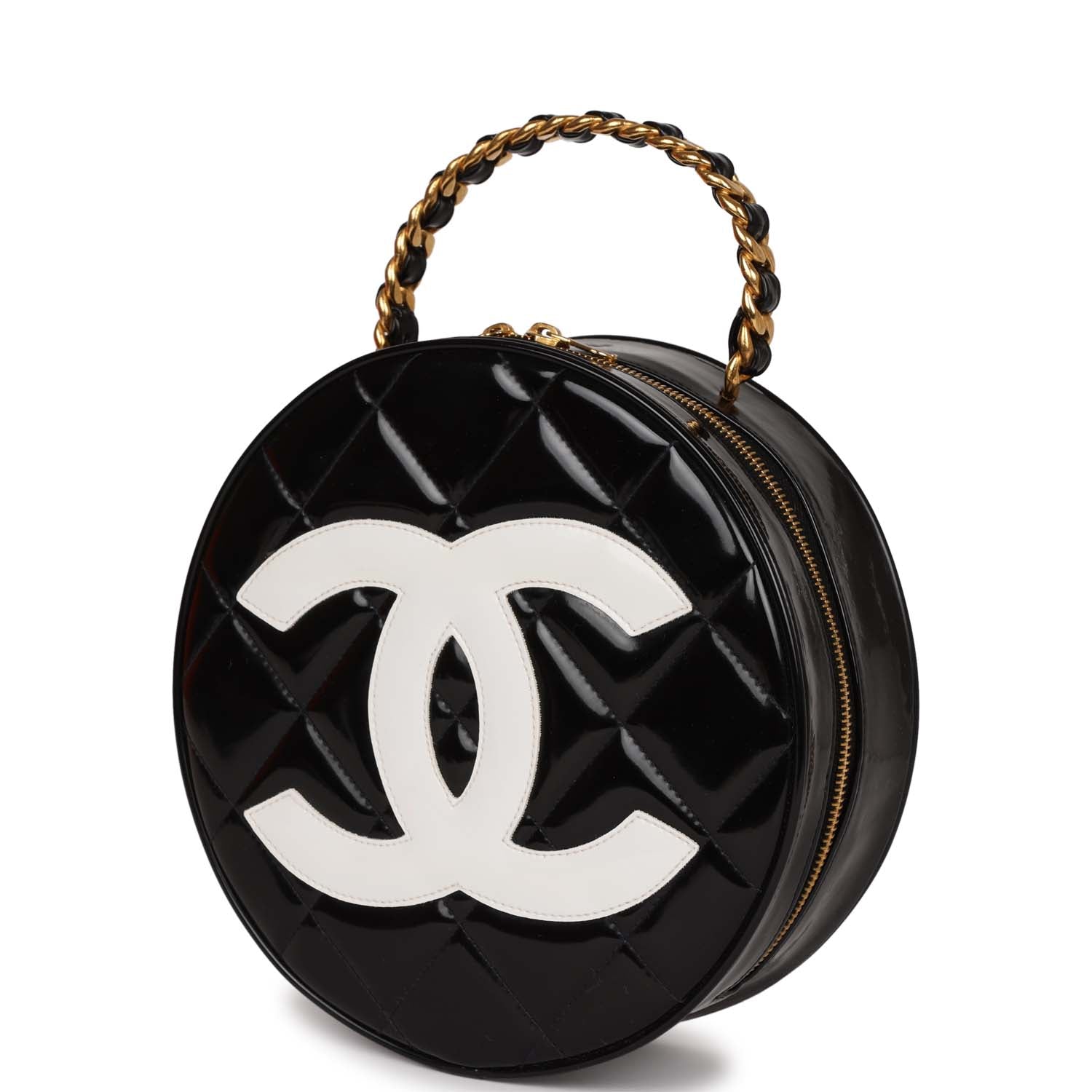 Vintage Chanel Round Vanity Bag Black and White Patent Leather Antique Gold Hardware