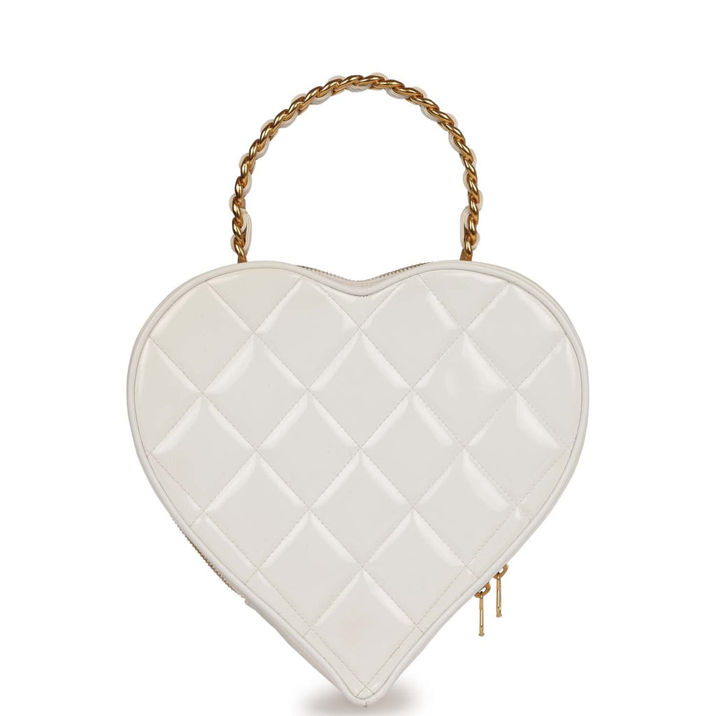 Vintage Chanel Heart Vanity Bag White and Black Patent Antique Gold Hardware
