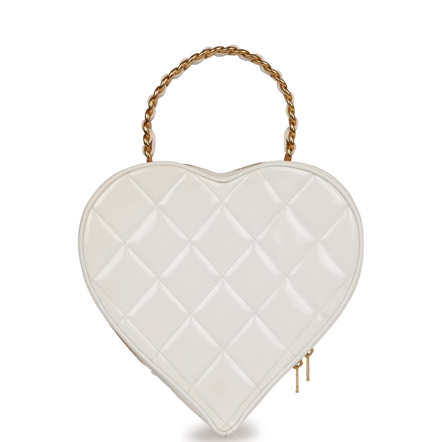 Vintage Chanel Heart Vanity Bag White and Black Patent Antique Gold Hardware