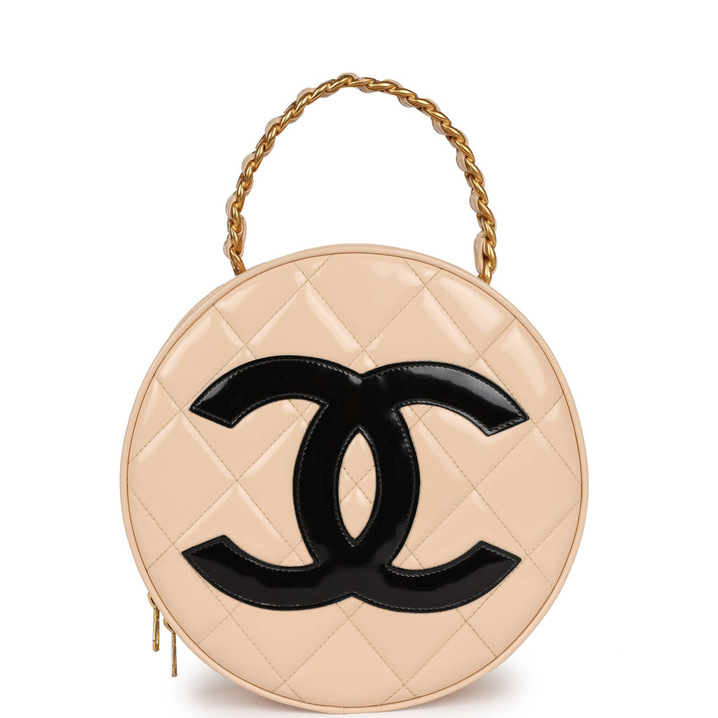 New Chanel Round Vanity Bag Beige and Black Patent Leather Antique Gold Hardware