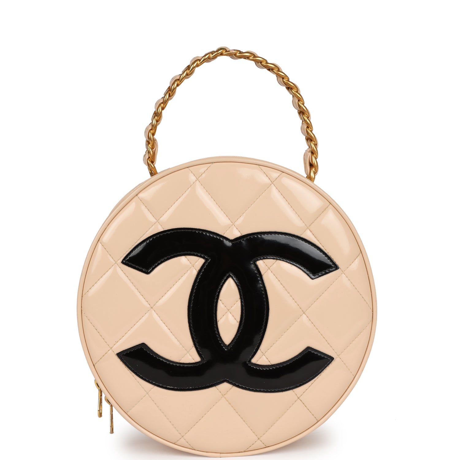 New Chanel Round Vanity Bag Beige and Black Patent Leather Antique Gold Hardware