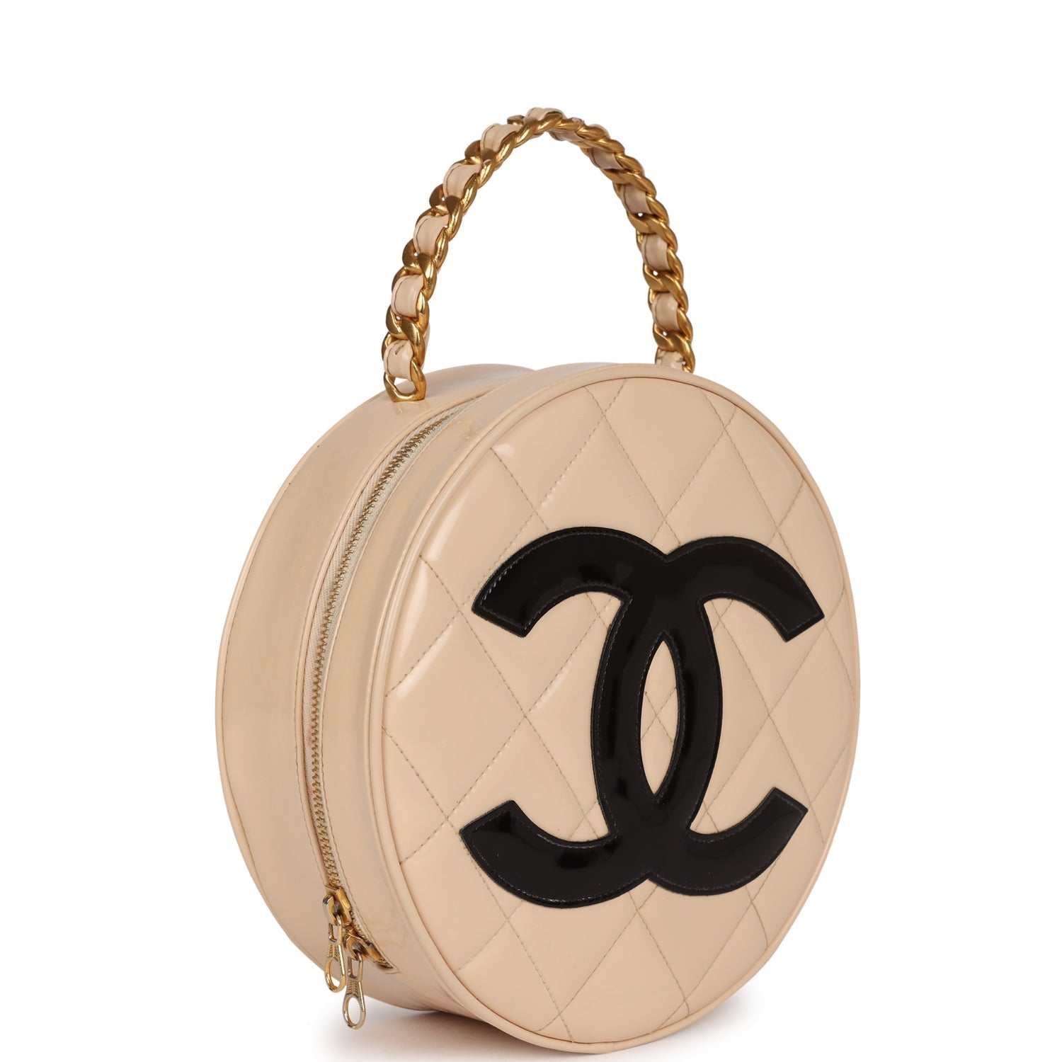 New Chanel Round Vanity Bag Beige and Black Patent Leather Antique Gold Hardware