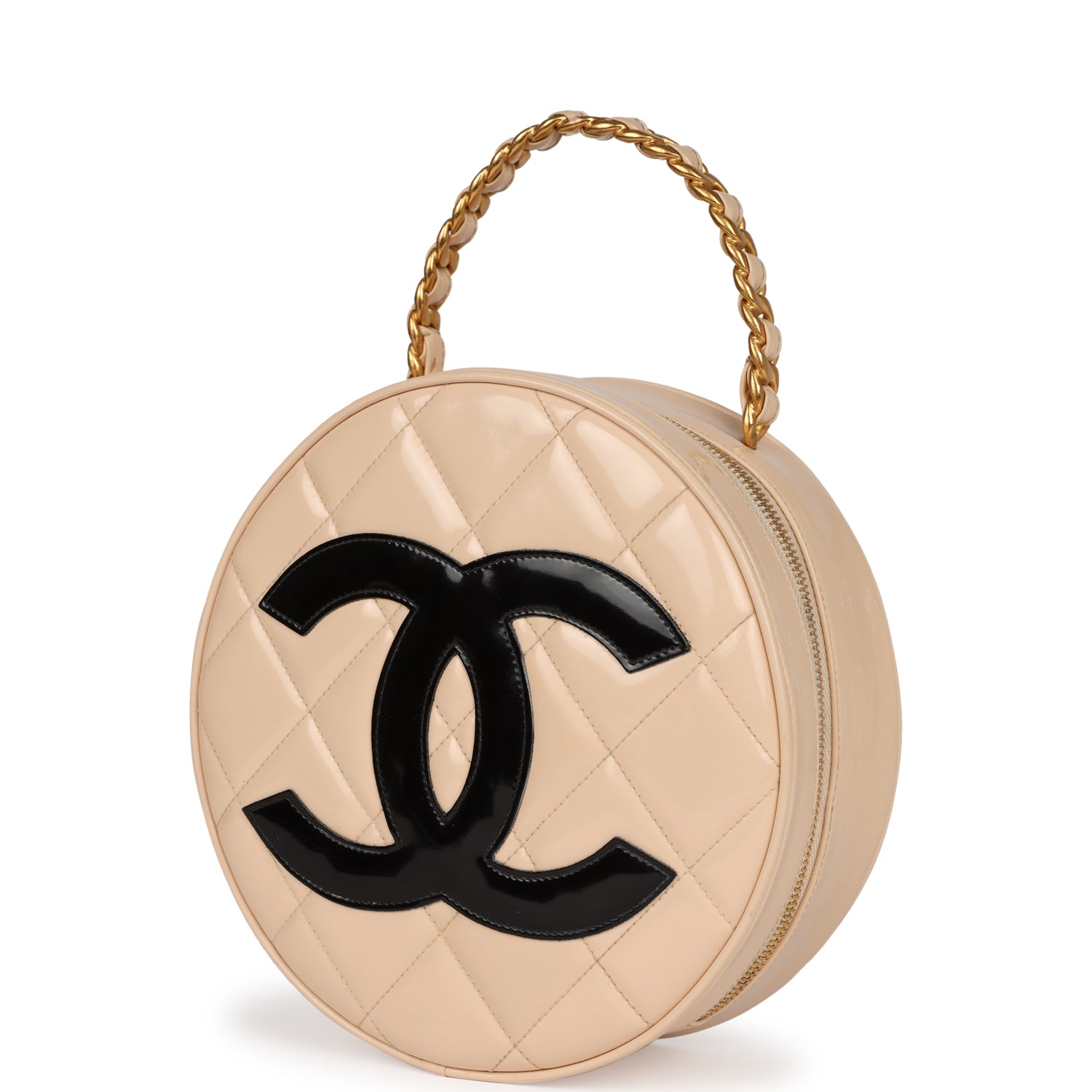 New Chanel Round Vanity Bag Beige and Black Patent Leather Antique Gold Hardware