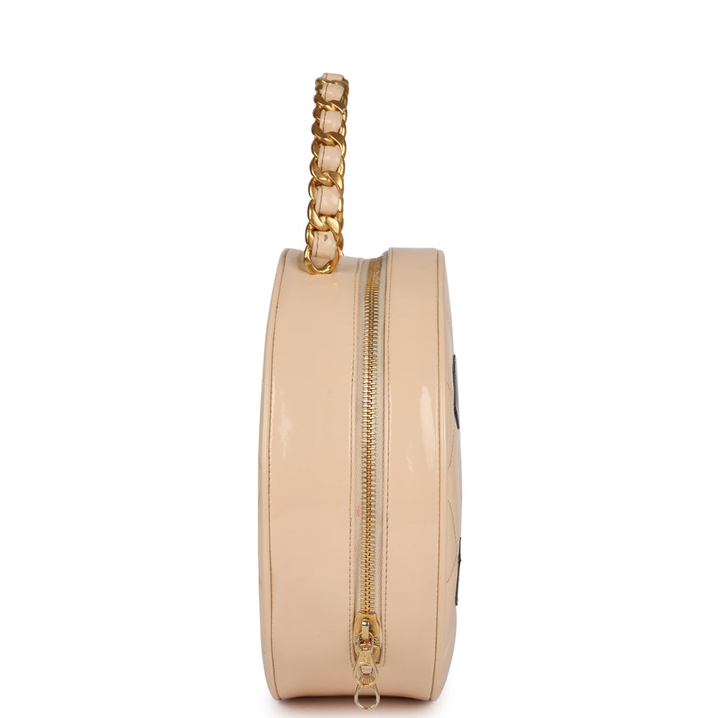 New Chanel Round Vanity Bag Beige and Black Patent Leather Antique Gold Hardware