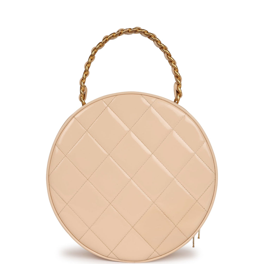 New Chanel Round Vanity Bag Beige and Black Patent Leather Antique Gold Hardware