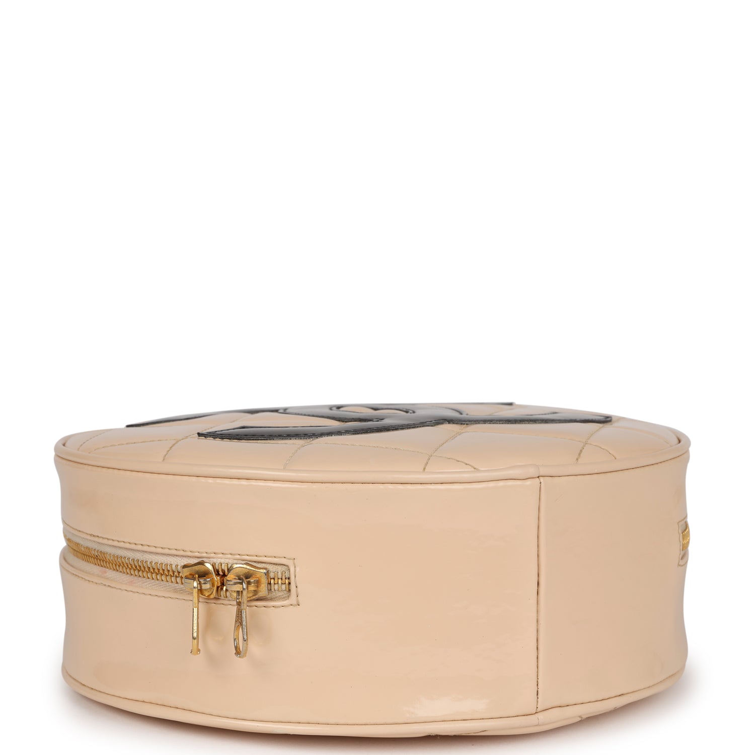 New Chanel Round Vanity Bag Beige and Black Patent Leather Antique Gold Hardware
