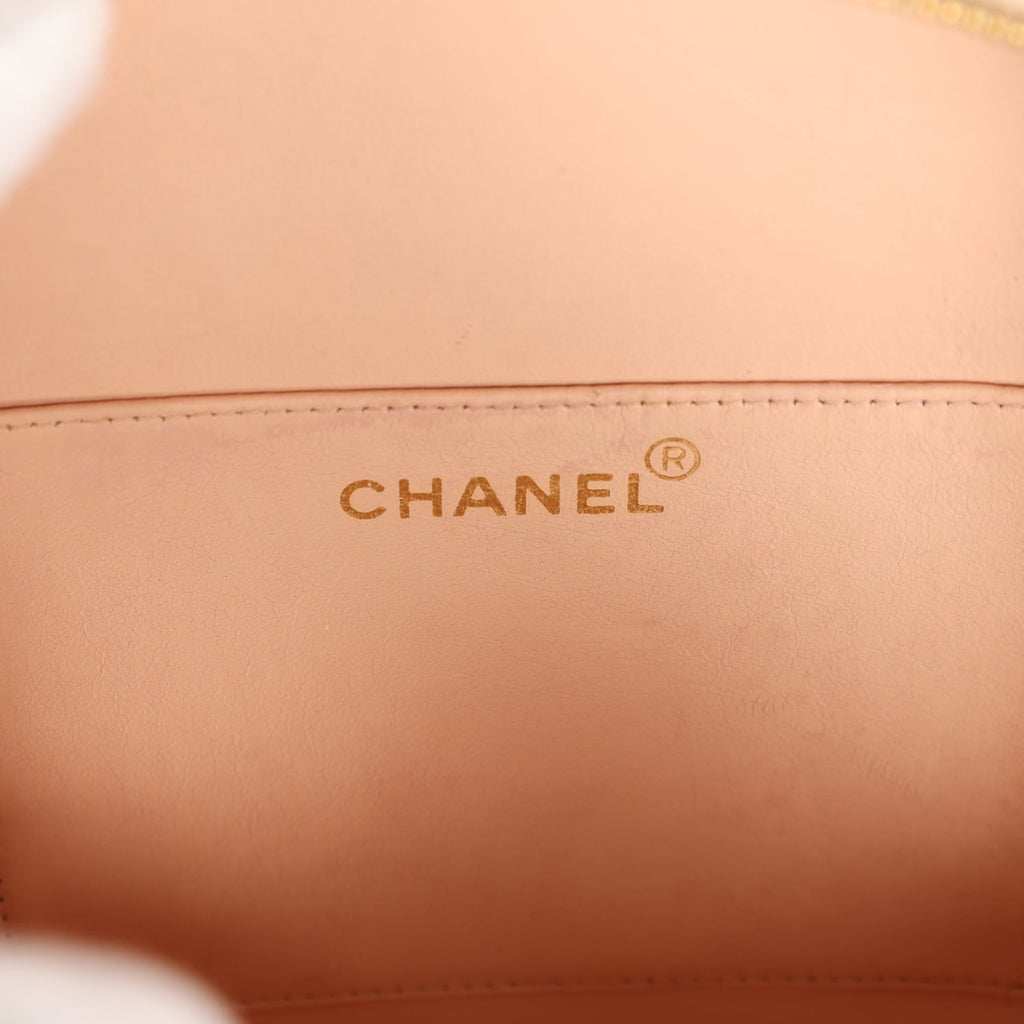 New Chanel Round Vanity Bag Beige and Black Patent Leather Antique Gold Hardware