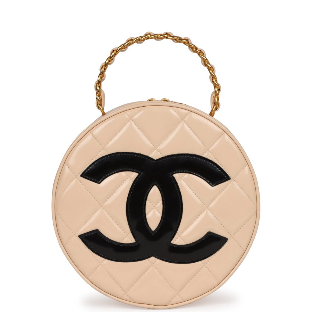 New Chanel Round Vanity Bag Beige and Black Patent Leather Antique Gold Hardware