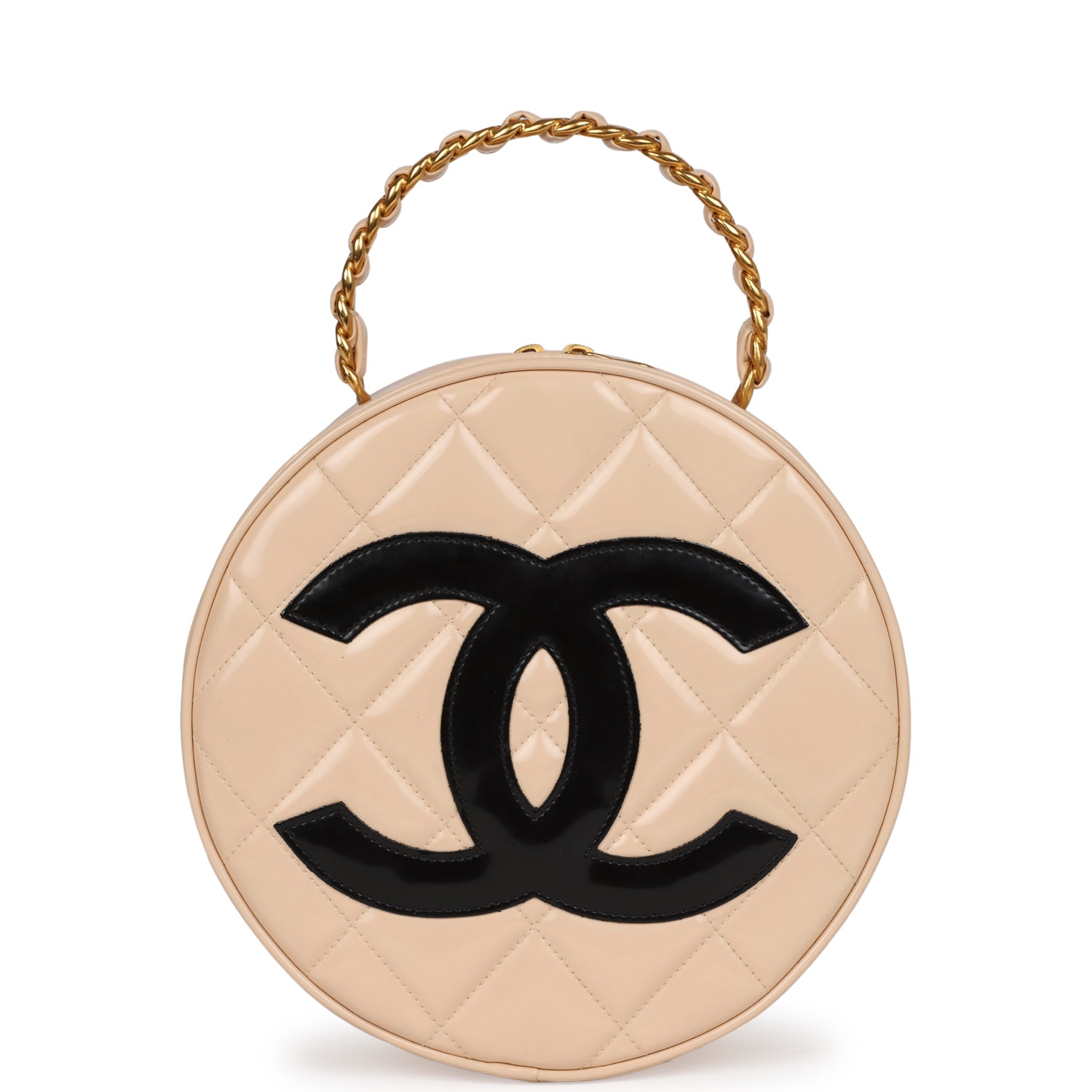 New Chanel Round Vanity Bag Beige and Black Patent Leather Antique Gold Hardware