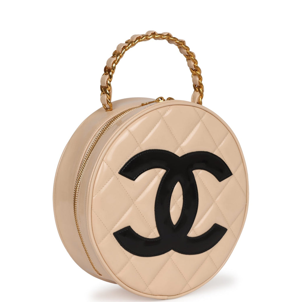 New Chanel Round Vanity Bag Beige and Black Patent Leather Antique Gold Hardware