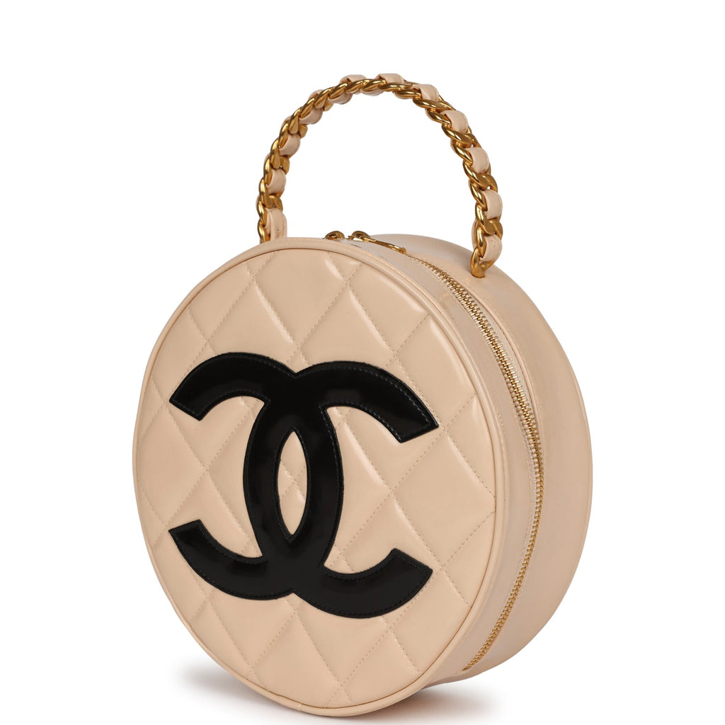 New Chanel Round Vanity Bag Beige and Black Patent Leather Antique Gold Hardware