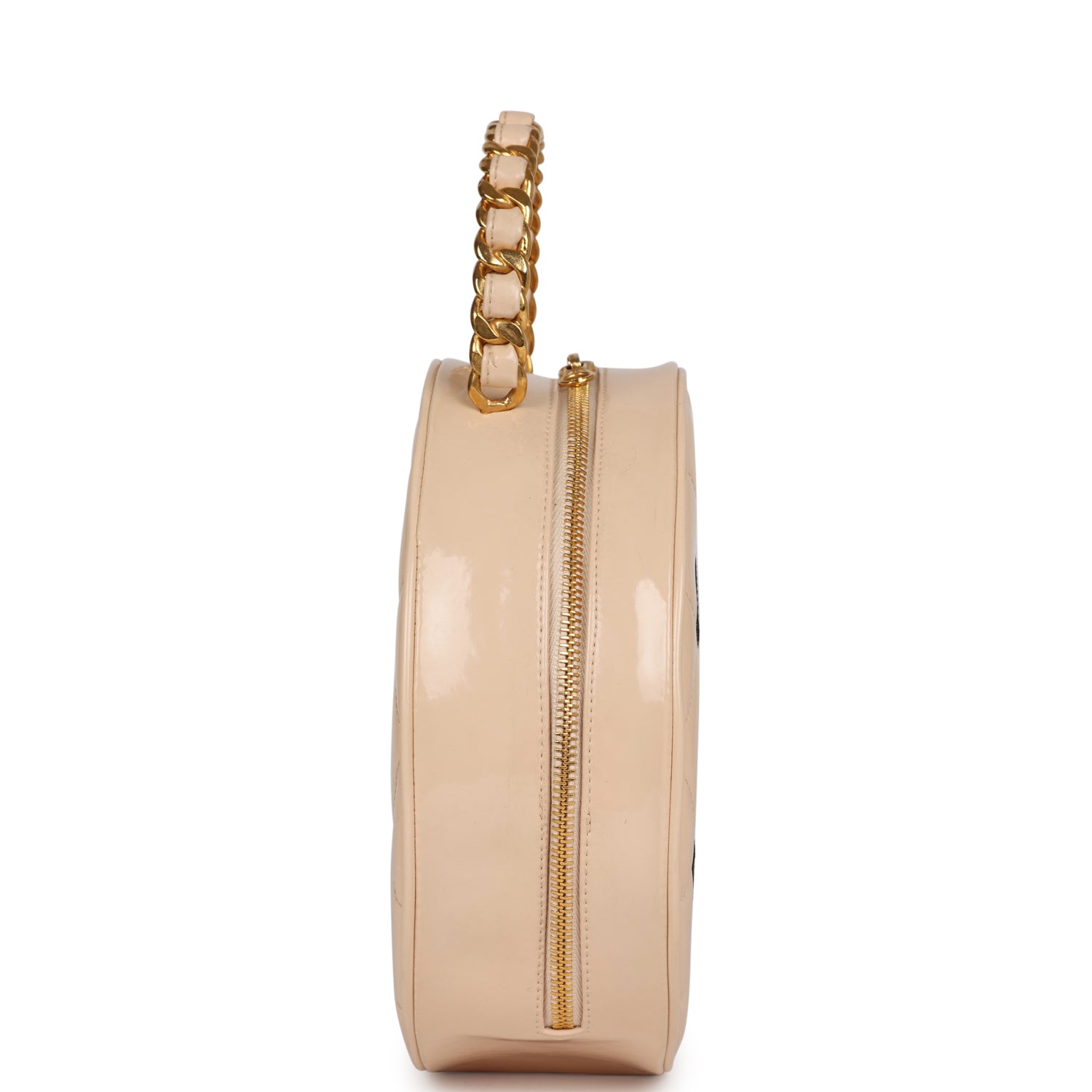 New Chanel Round Vanity Bag Beige and Black Patent Leather Antique Gold Hardware