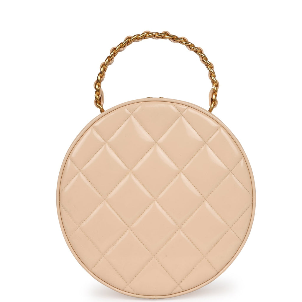New Chanel Round Vanity Bag Beige and Black Patent Leather Antique Gold Hardware