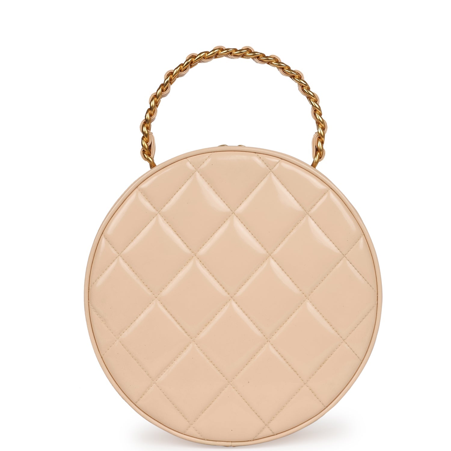 New Chanel Round Vanity Bag Beige and Black Patent Leather Antique Gold Hardware