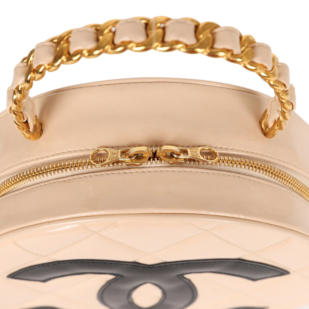 New Chanel Round Vanity Bag Beige and Black Patent Leather Antique Gold Hardware