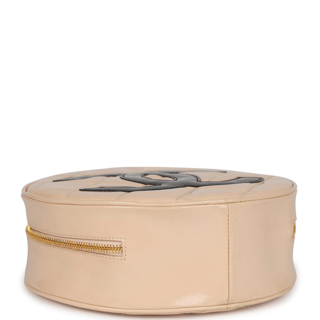 New Chanel Round Vanity Bag Beige and Black Patent Leather Antique Gold Hardware