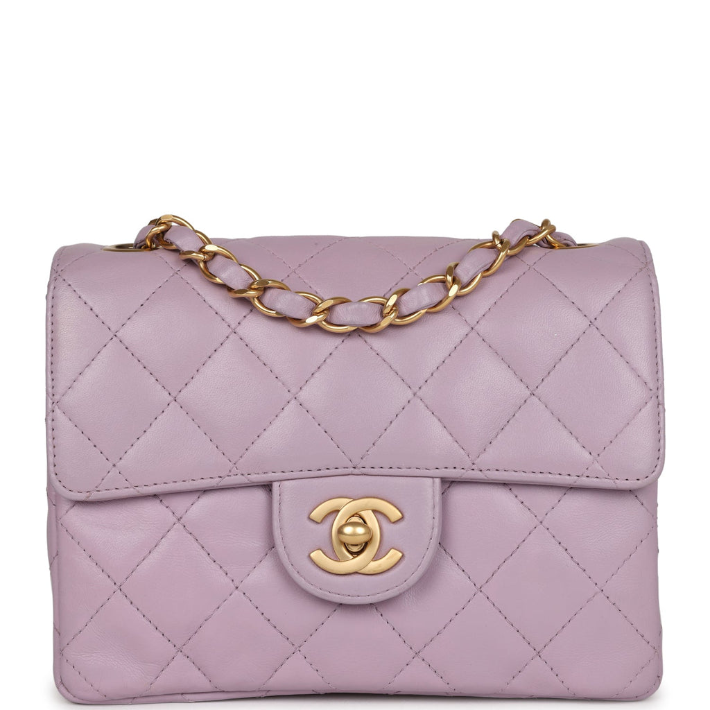New Chanel Mini Square Flap Bag Light Purple Lambskin Matte Gold Hardware