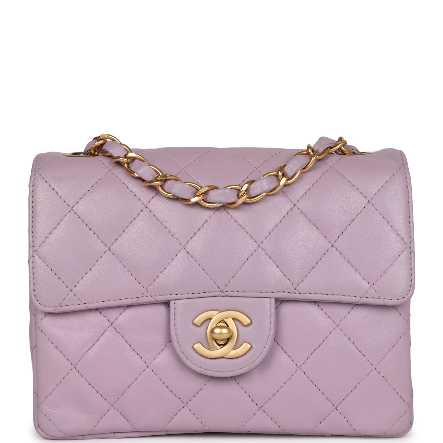New Chanel Mini Square Flap Bag Light Purple Lambskin Matte Gold Hardware