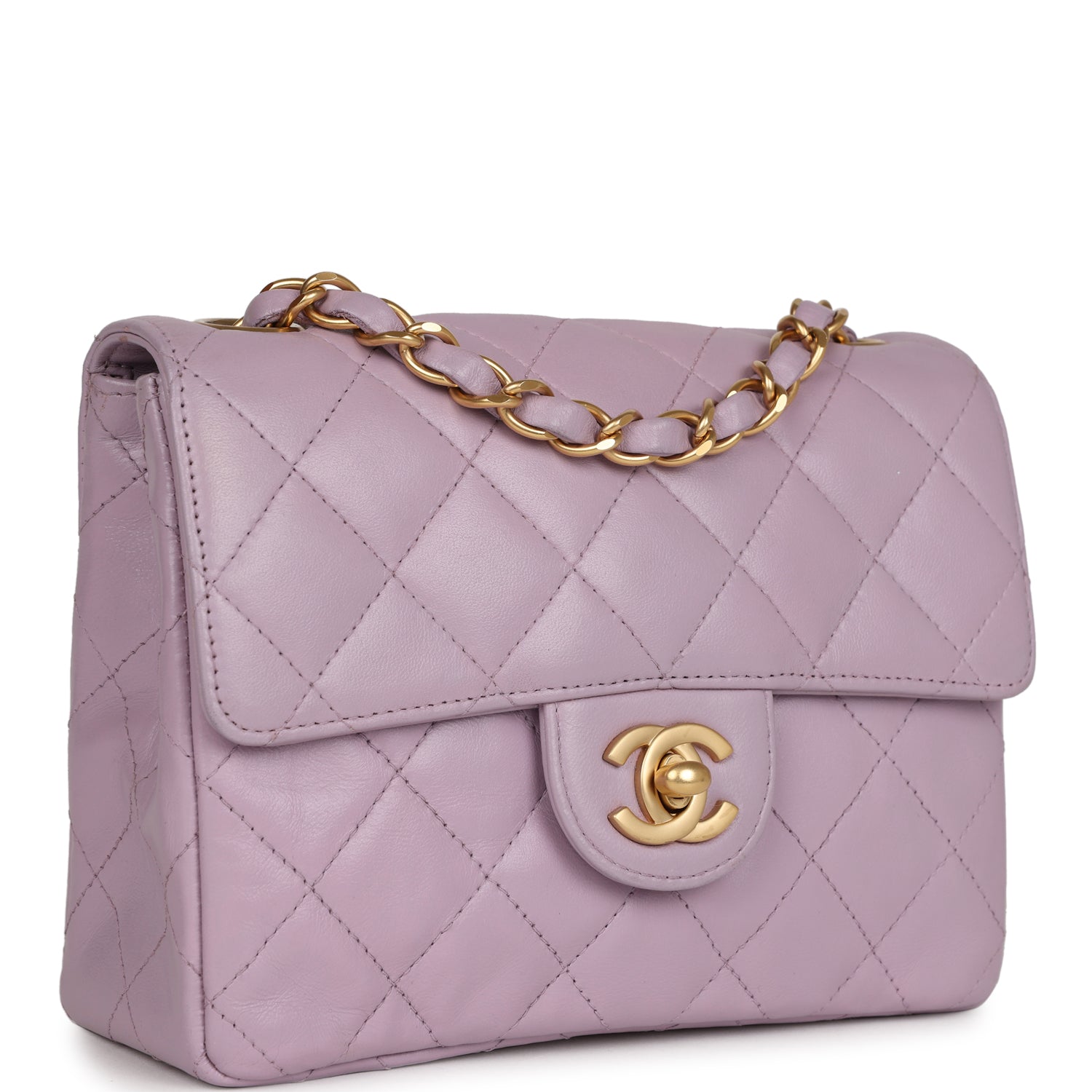 New Chanel Mini Square Flap Bag Light Purple Lambskin Matte Gold Hardware