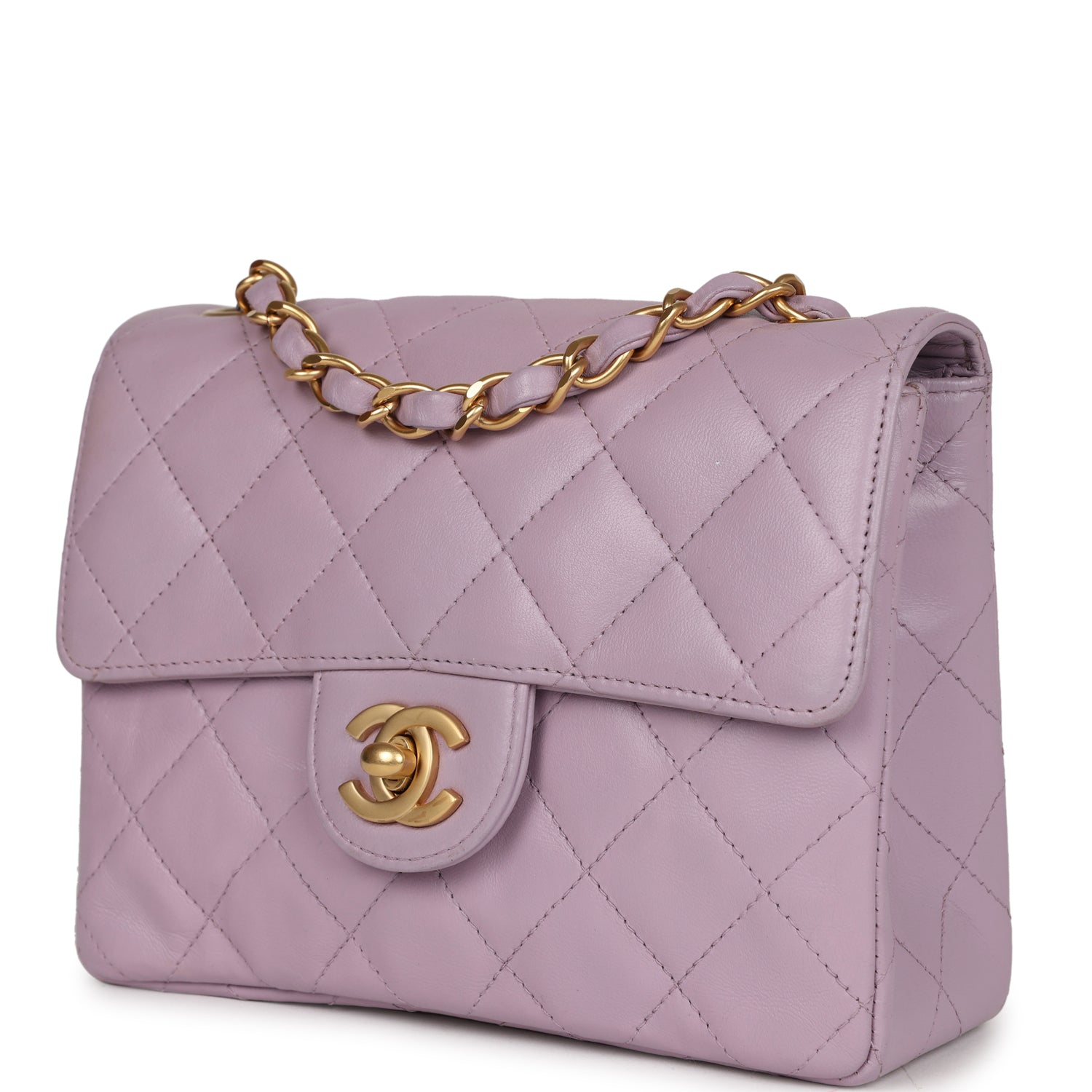 New Chanel Mini Square Flap Bag Light Purple Lambskin Matte Gold Hardware