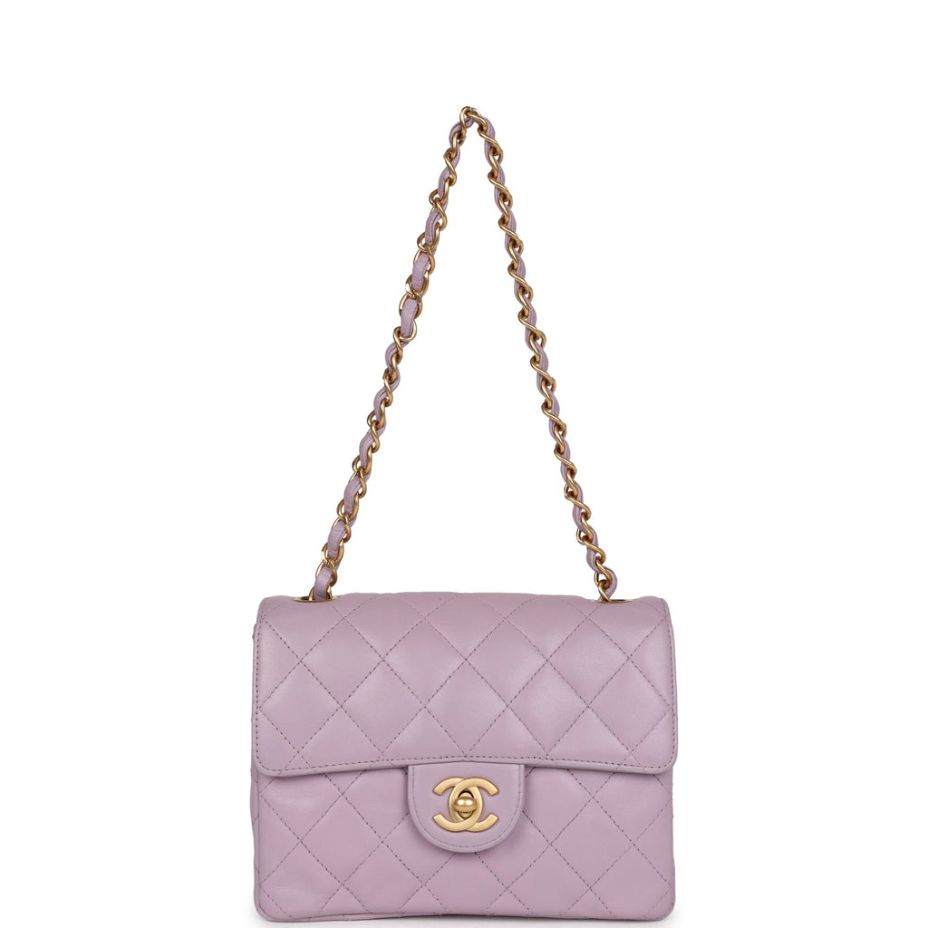 New Chanel Mini Square Flap Bag Light Purple Lambskin Matte Gold Hardware