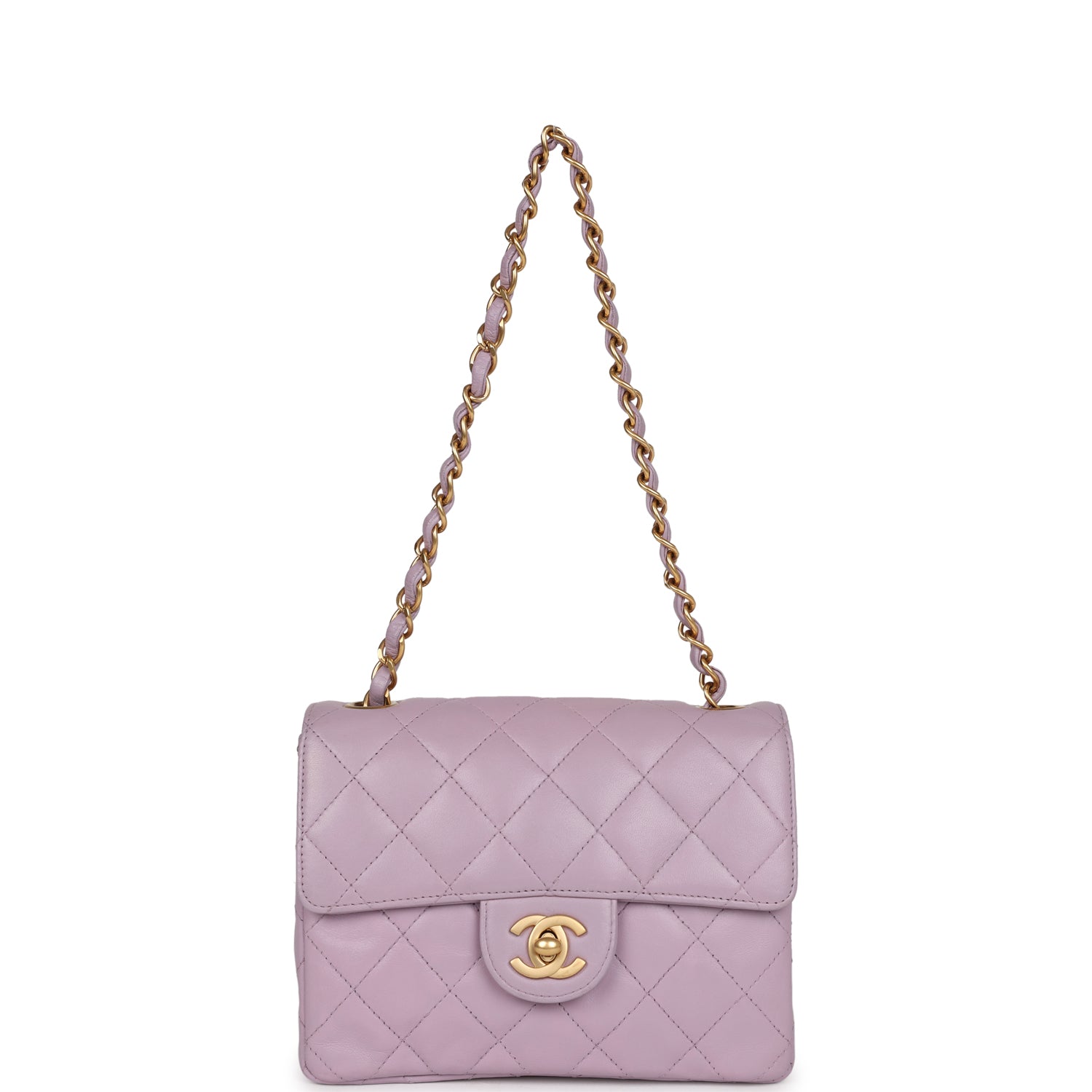 New Chanel Mini Square Flap Bag Light Purple Lambskin Matte Gold Hardware