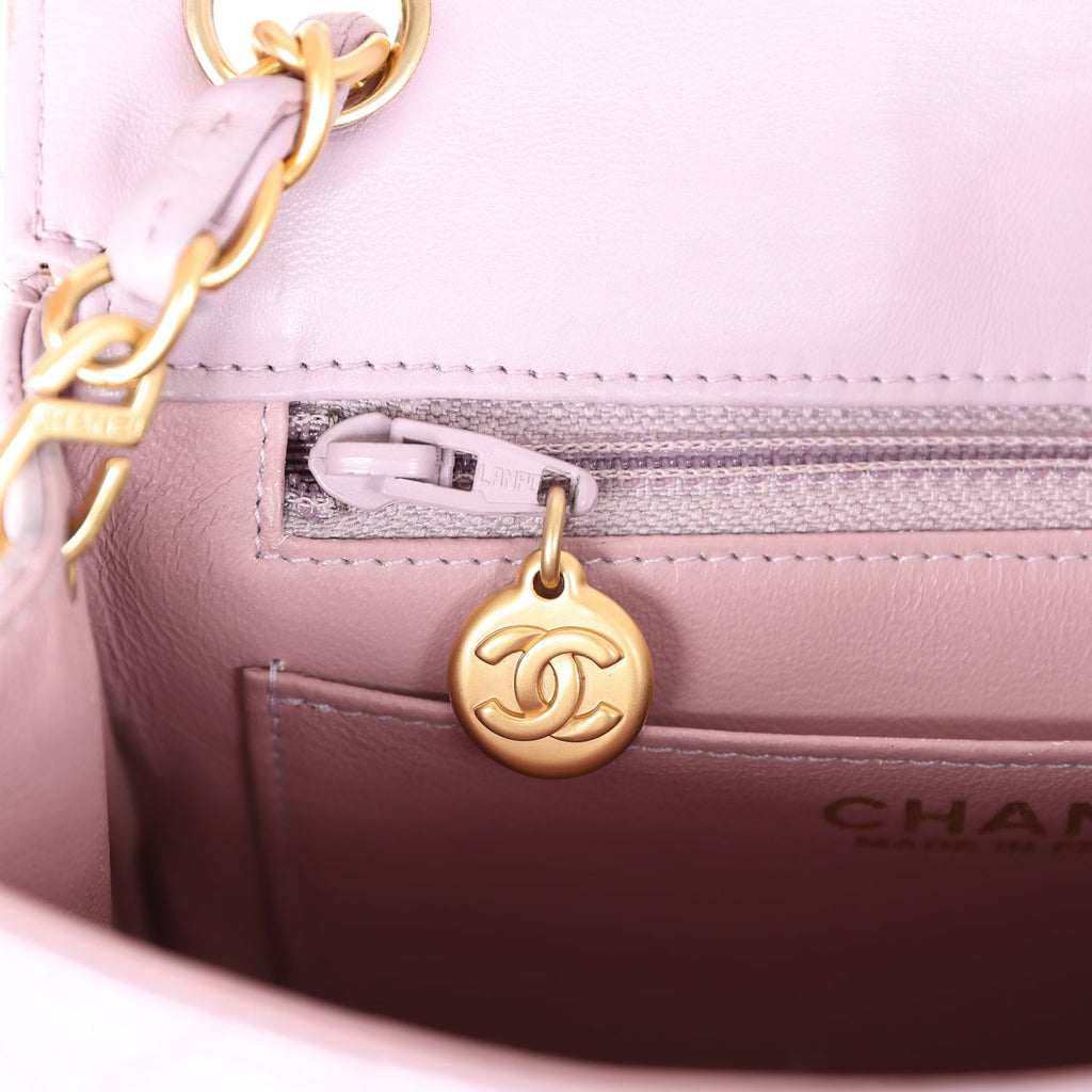 New Chanel Mini Square Flap Bag Light Purple Lambskin Matte Gold Hardware