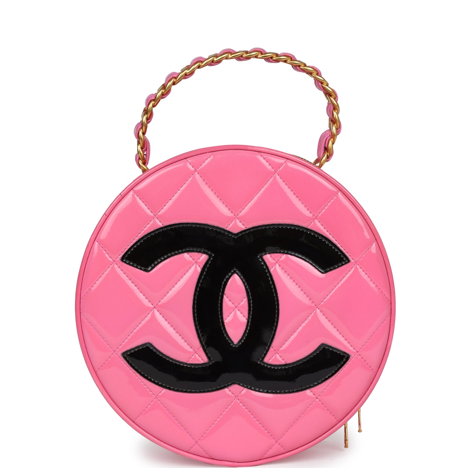 New Chanel Round Vanity Bag Pink and Black Patent Leather Antique Gold Hardware