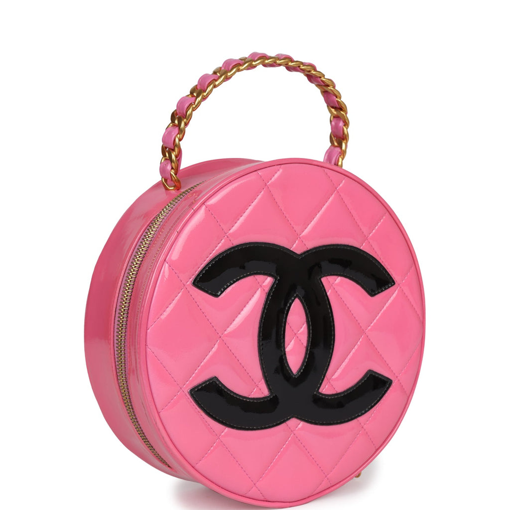 New Chanel Round Vanity Bag Pink and Black Patent Leather Antique Gold Hardware