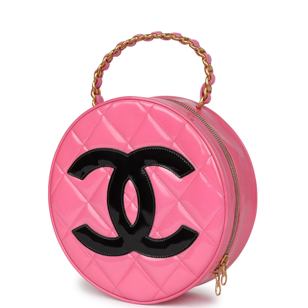 New Chanel Round Vanity Bag Pink and Black Patent Leather Antique Gold Hardware