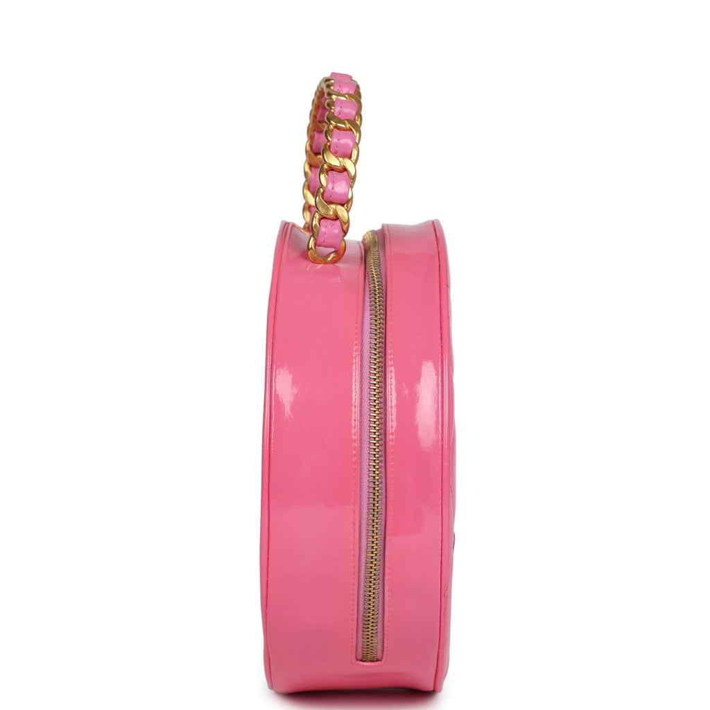 New Chanel Round Vanity Bag Pink and Black Patent Leather Antique Gold Hardware