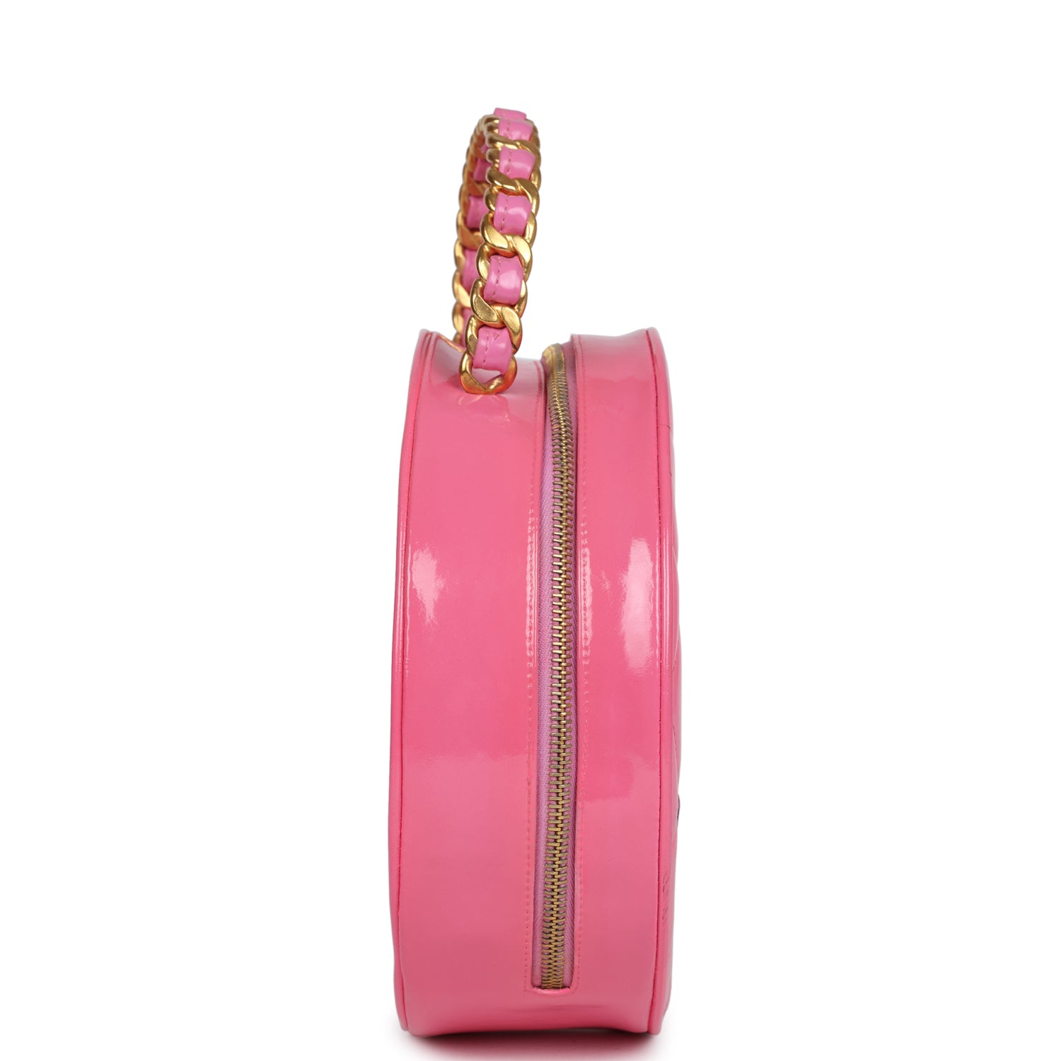 New Chanel Round Vanity Bag Pink and Black Patent Leather Antique Gold Hardware