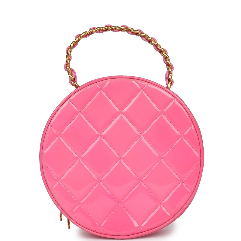 New Chanel Round Vanity Bag Pink and Black Patent Leather Antique Gold Hardware