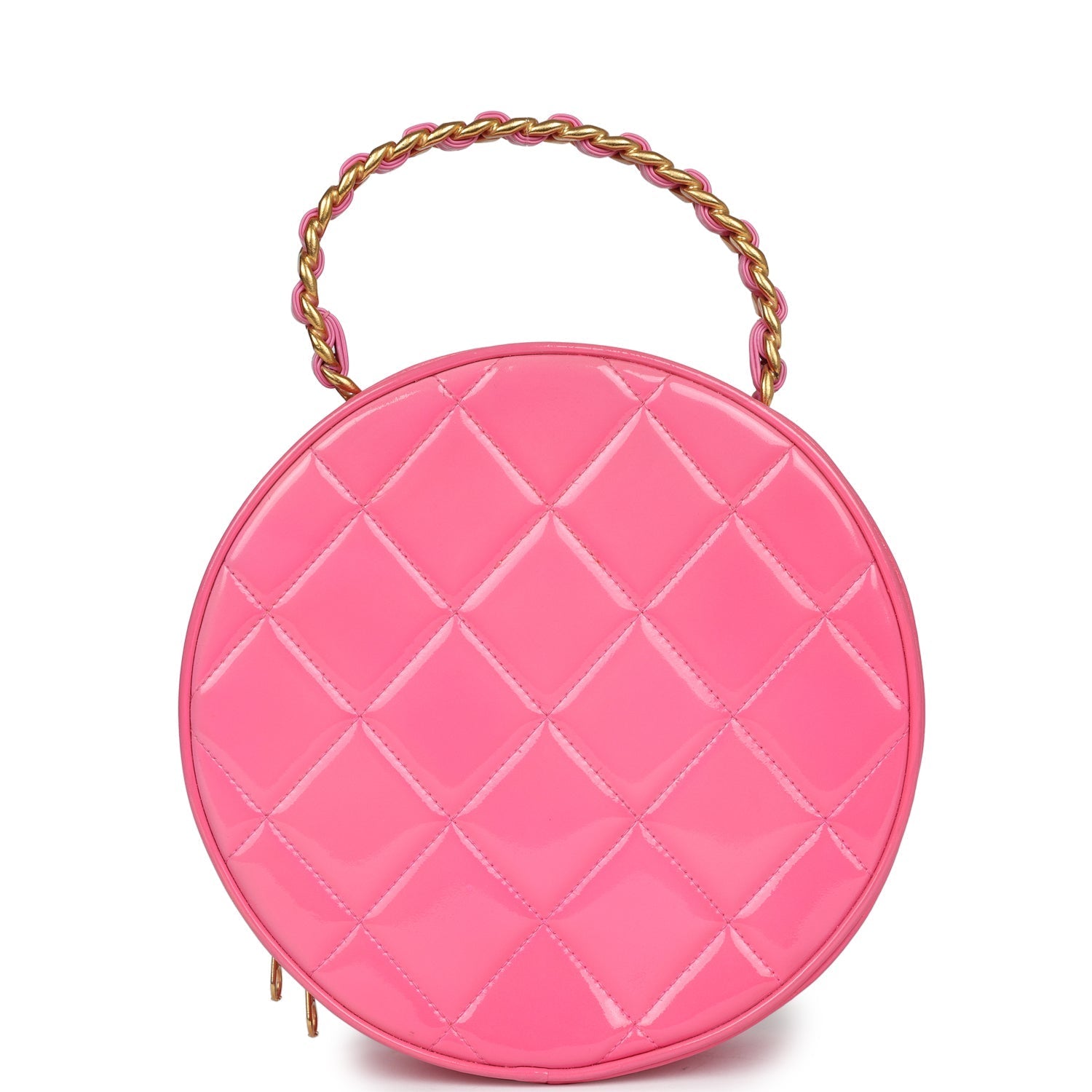 New Chanel Round Vanity Bag Pink and Black Patent Leather Antique Gold Hardware