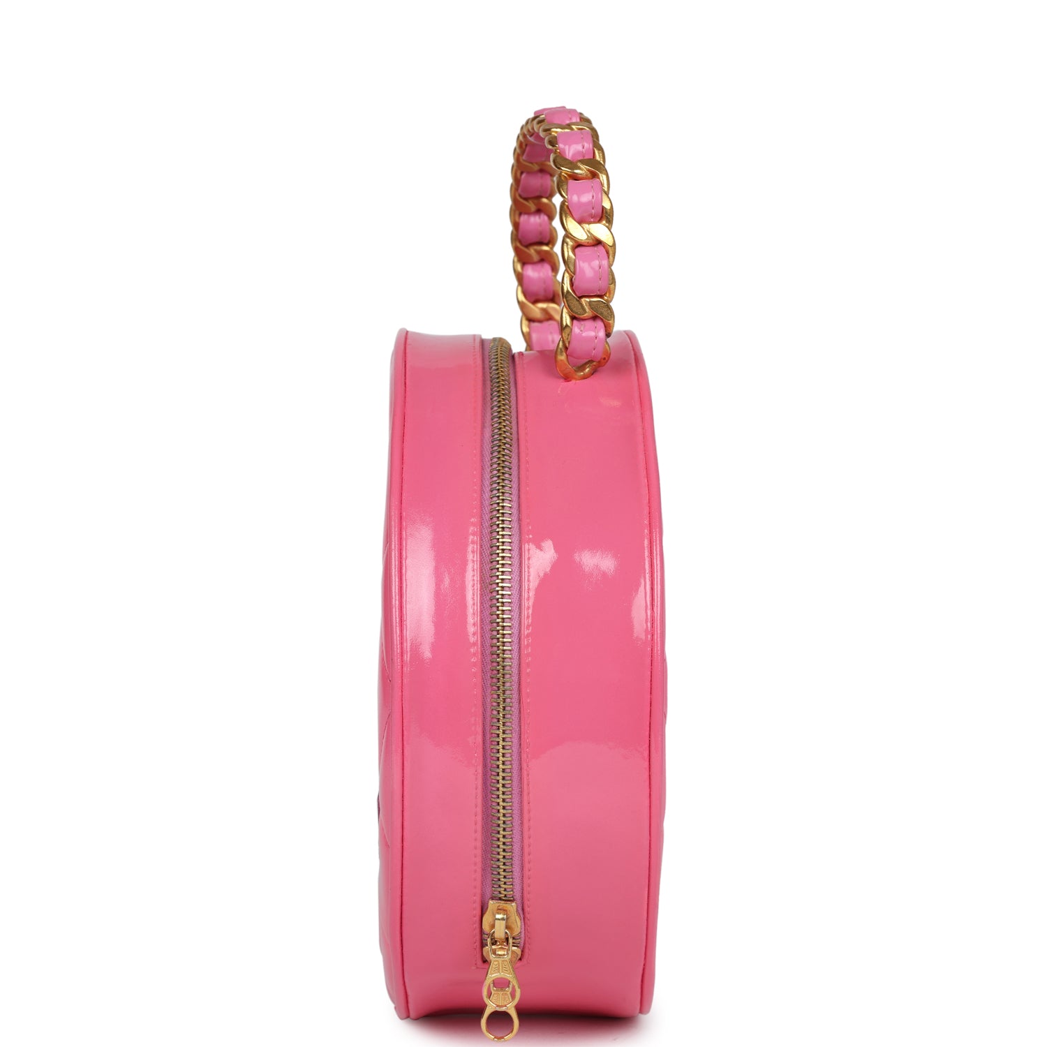 New Chanel Round Vanity Bag Pink and Black Patent Leather Antique Gold Hardware