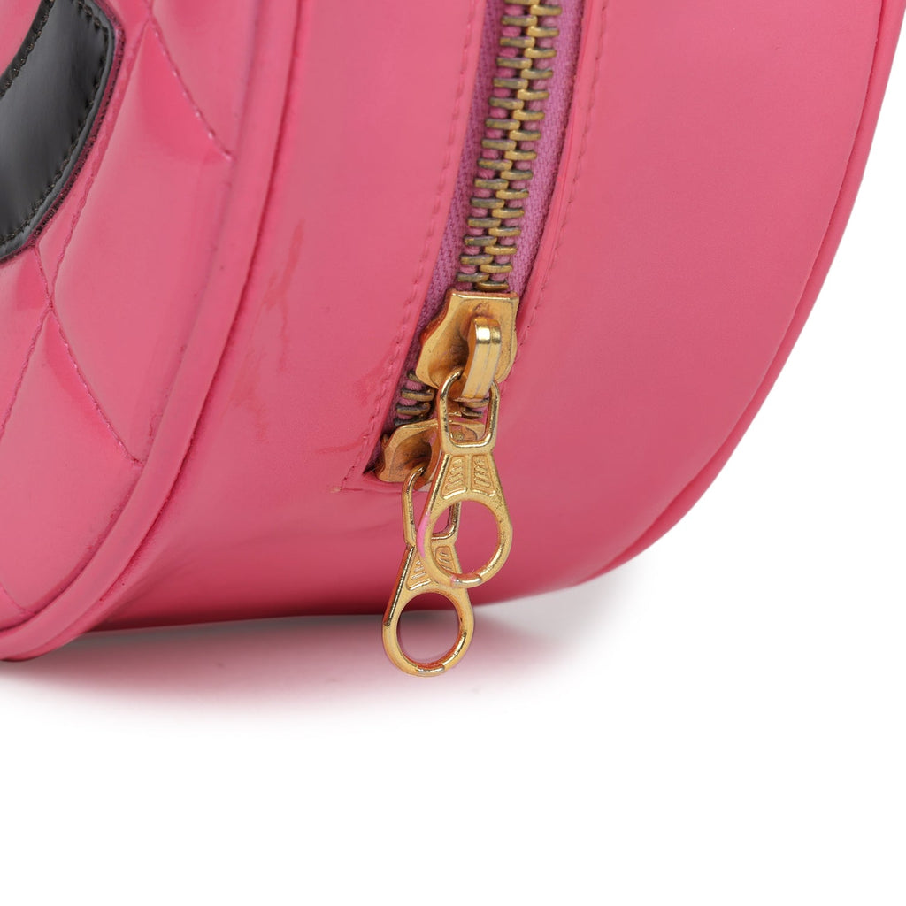 New Chanel Round Vanity Bag Pink and Black Patent Leather Antique Gold Hardware