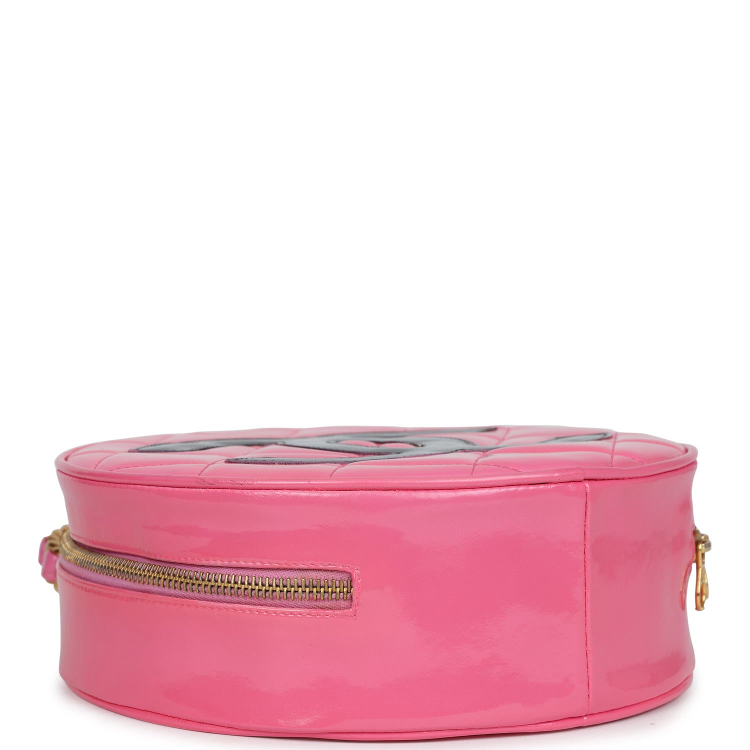 New Chanel Round Vanity Bag Pink and Black Patent Leather Antique Gold Hardware