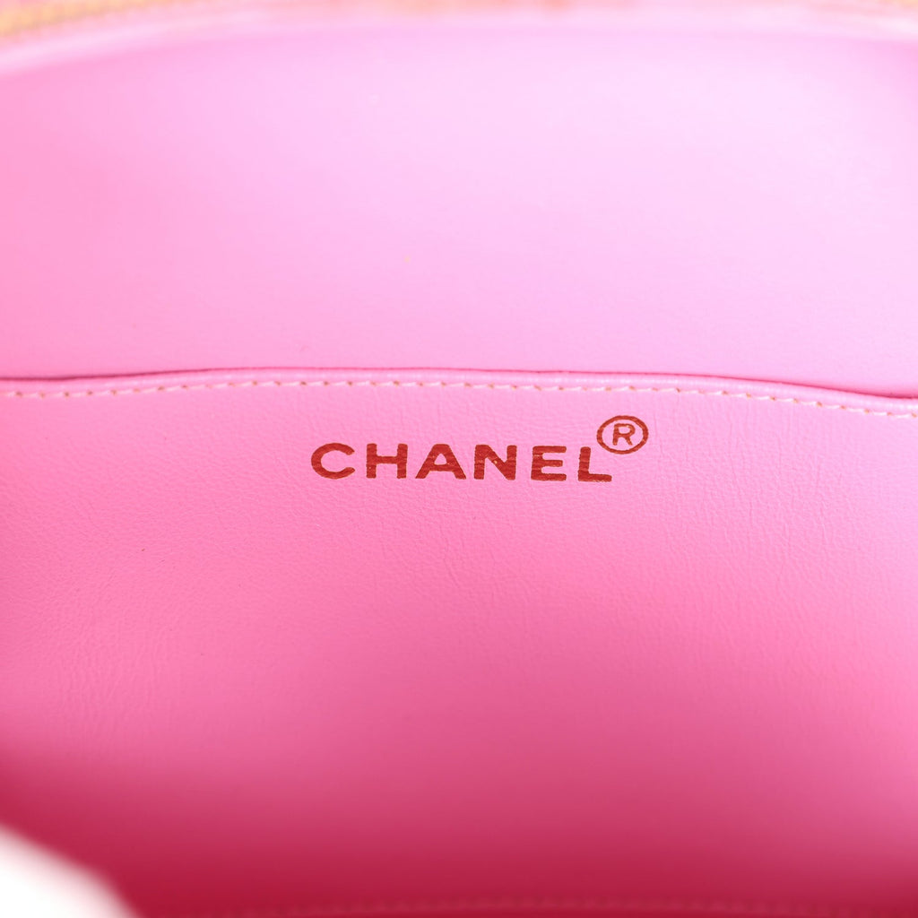 New Chanel Round Vanity Bag Pink and Black Patent Leather Antique Gold Hardware