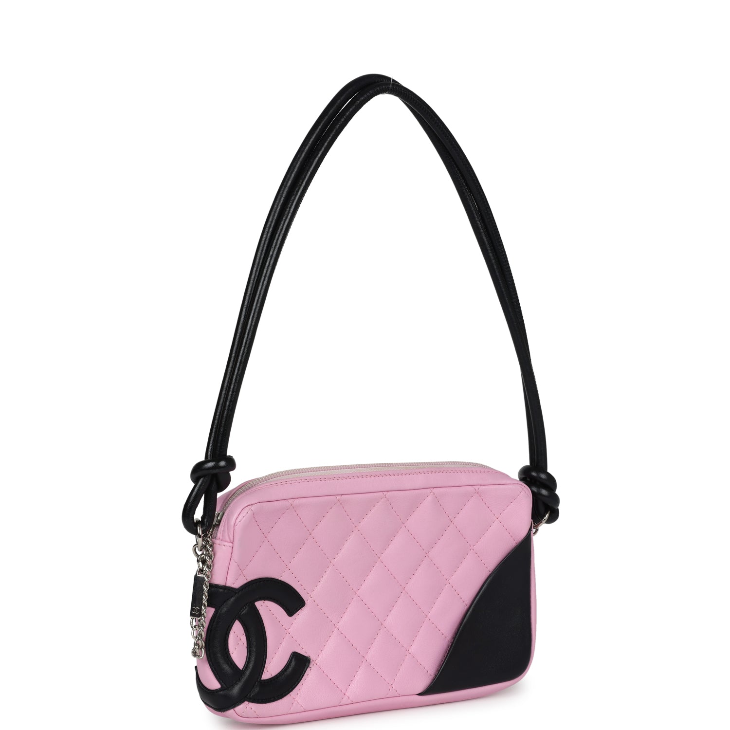 Vintage Chanel Cambon Ligne Pink and Black Calfskin Pochette Silver Hardware