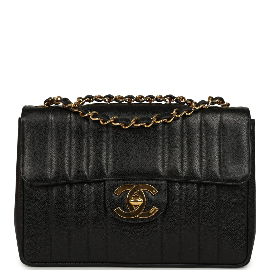 New Chanel Jumbo Classic Mademoiselle Vertical Flap Black Caviar Gold Hardware