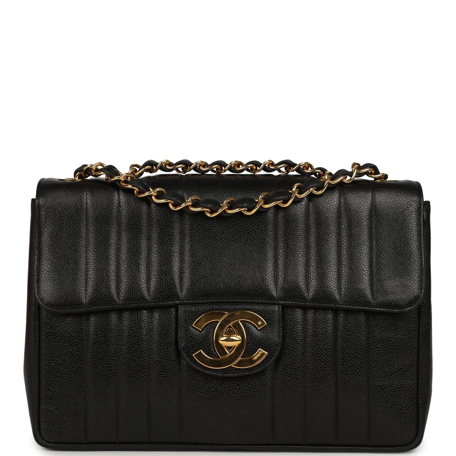New Chanel Jumbo Classic Mademoiselle Vertical Flap Black Caviar Gold Hardware