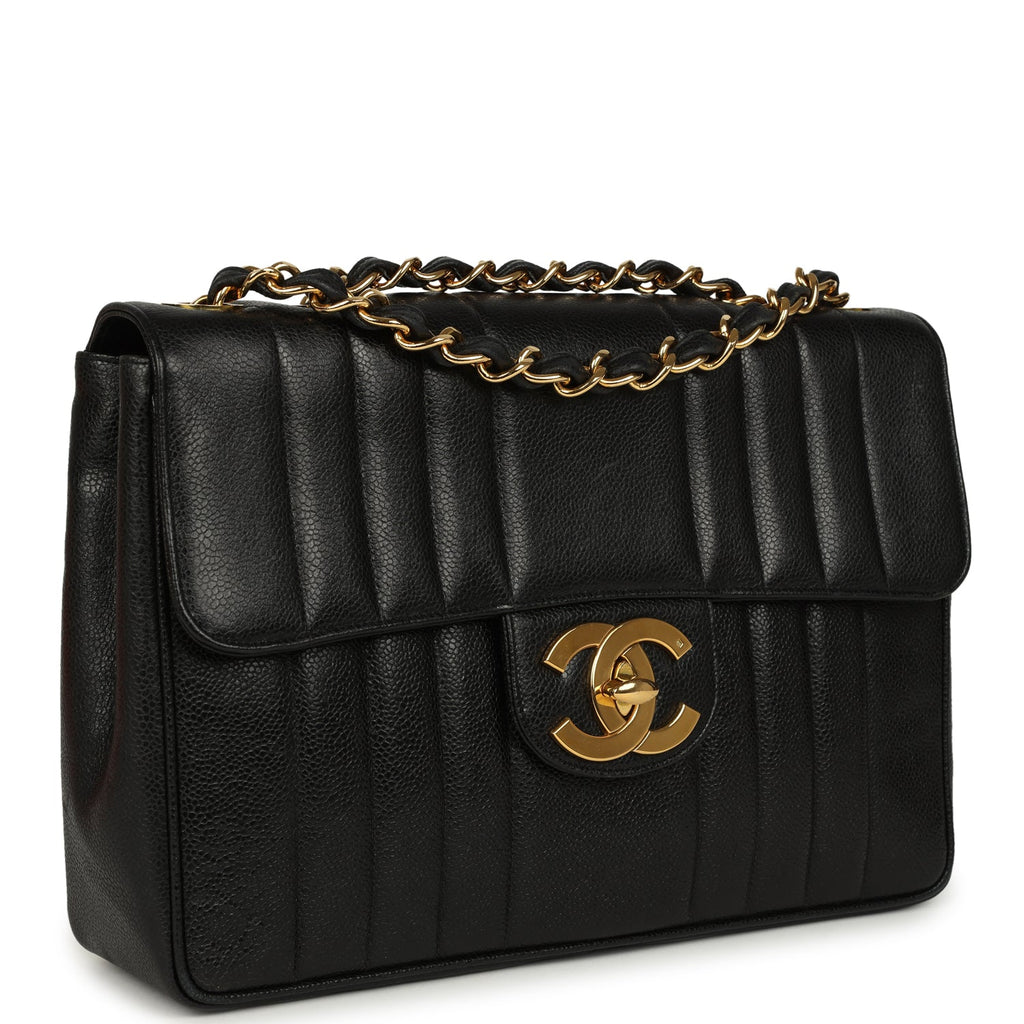 New Chanel Jumbo Classic Mademoiselle Vertical Flap Black Caviar Gold Hardware