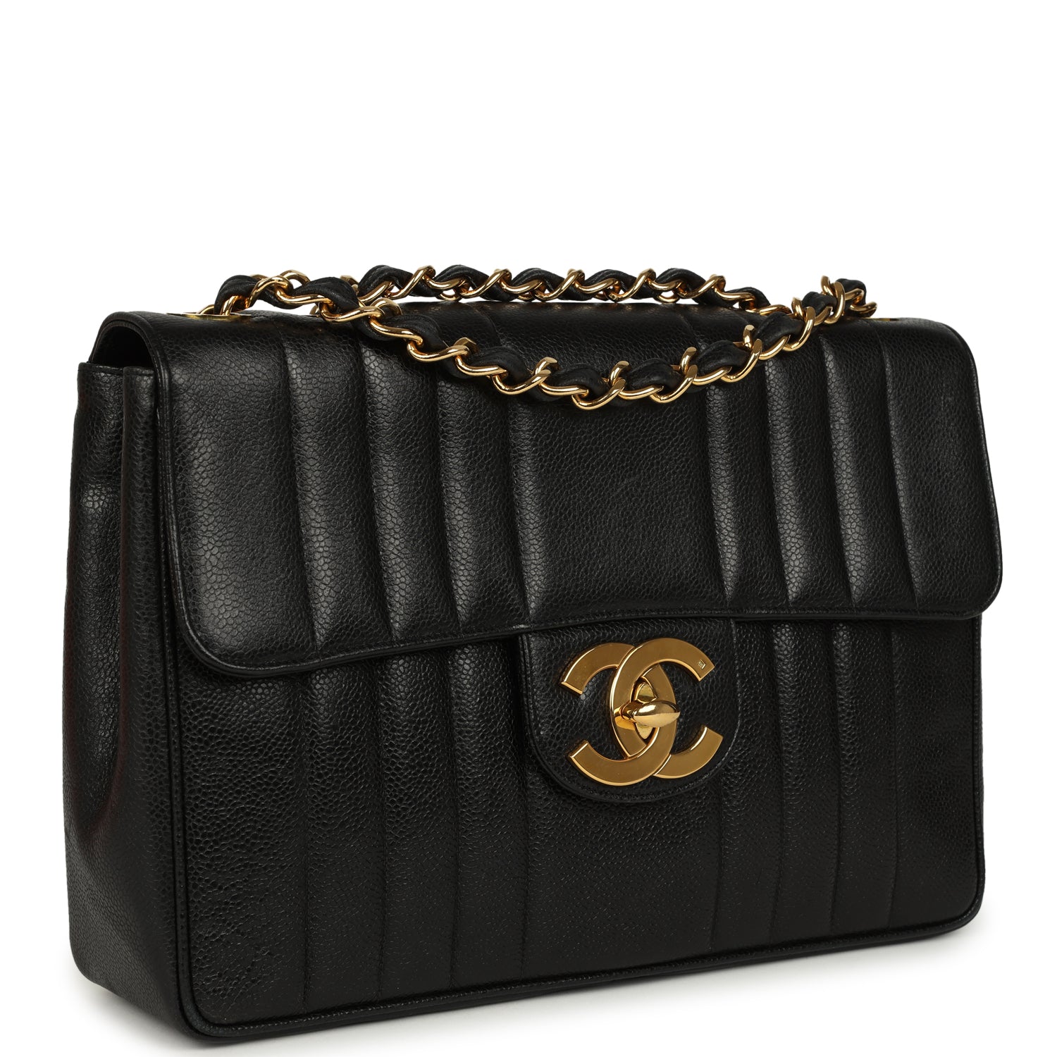 New Chanel Jumbo Classic Mademoiselle Vertical Flap Black Caviar Gold Hardware