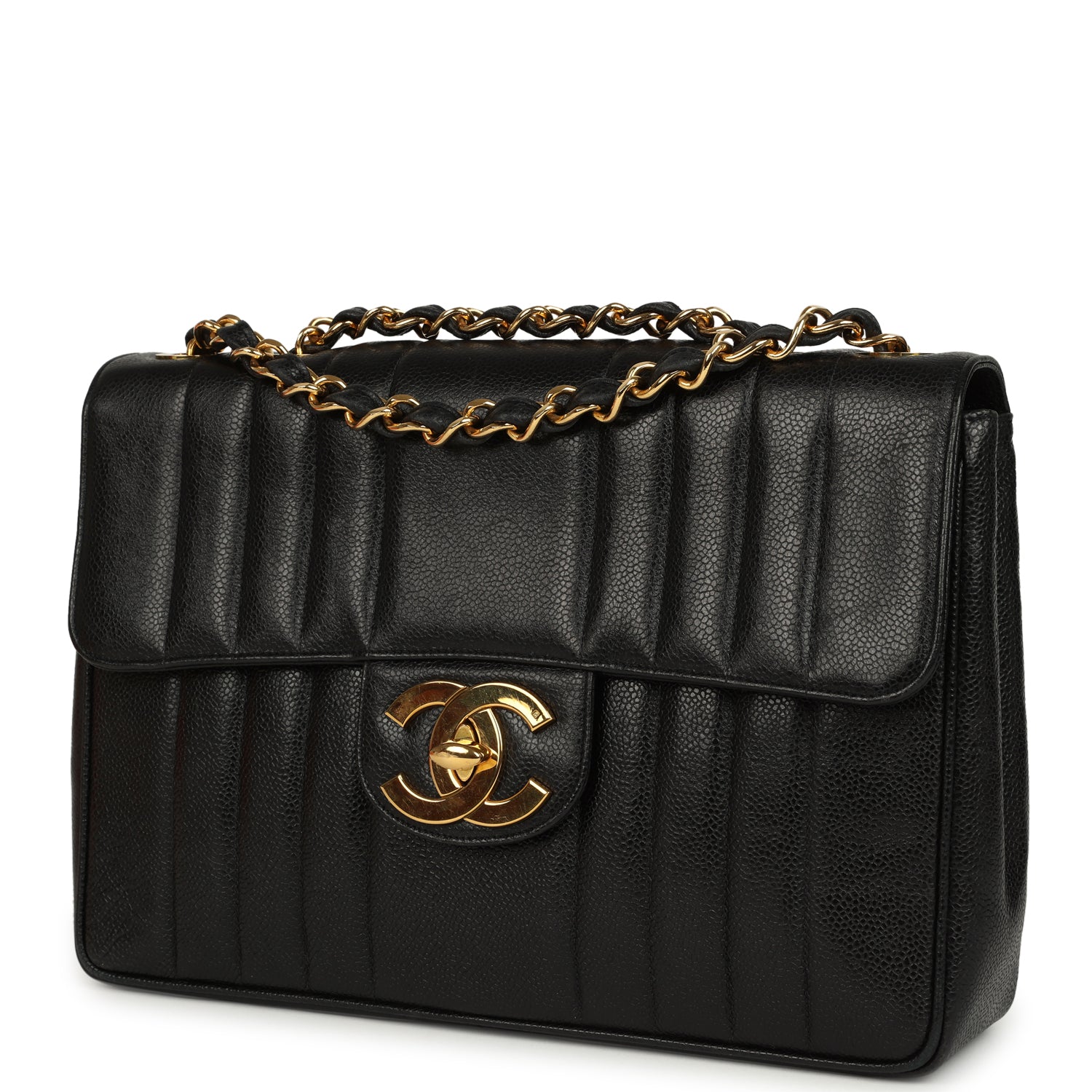 New Chanel Jumbo Classic Mademoiselle Vertical Flap Black Caviar Gold Hardware