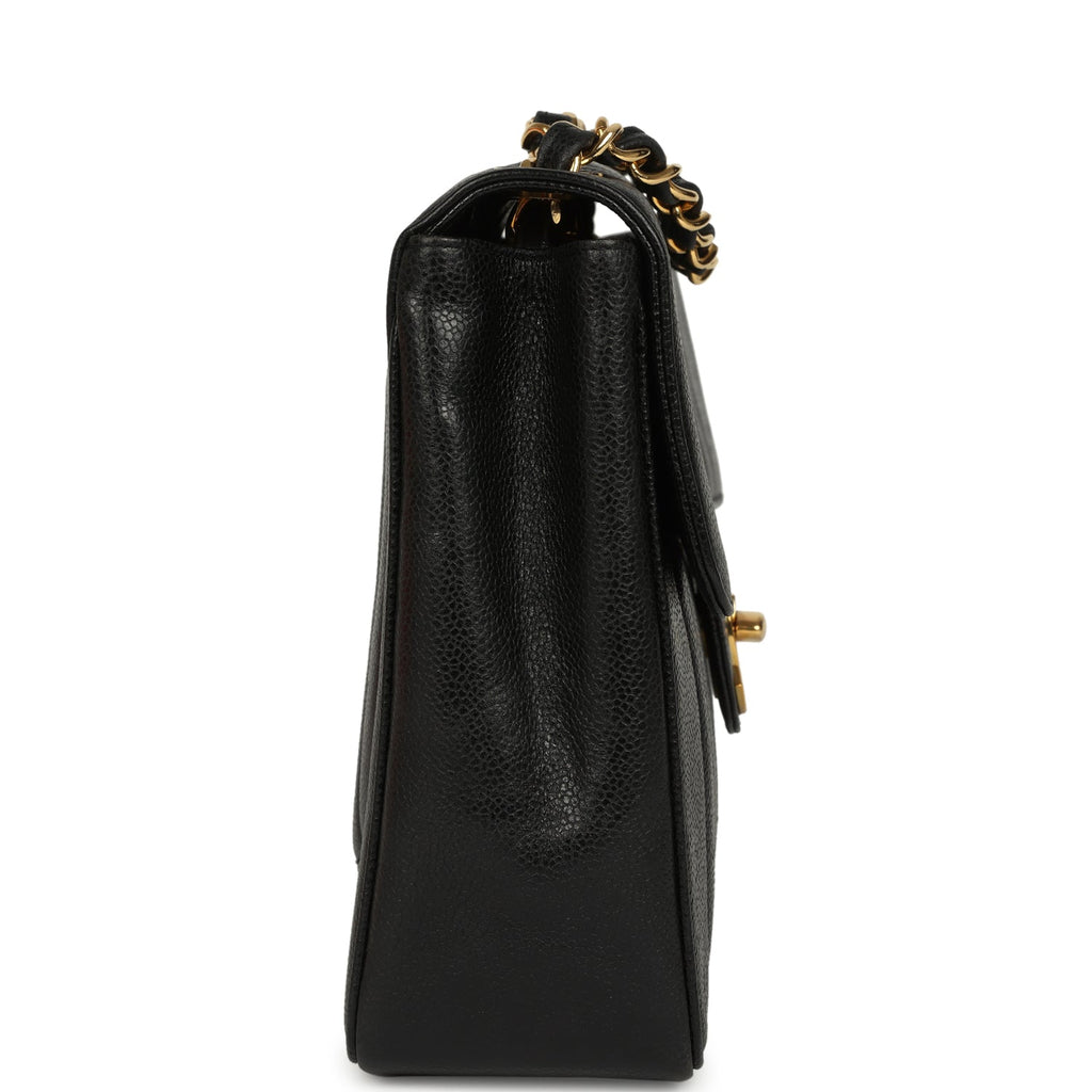 New Chanel Jumbo Classic Mademoiselle Vertical Flap Black Caviar Gold Hardware