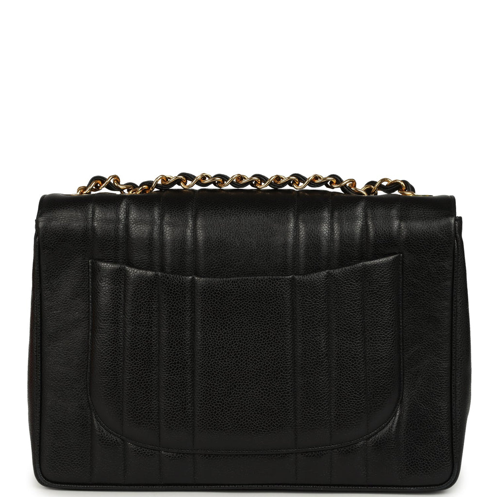 New Chanel Jumbo Classic Mademoiselle Vertical Flap Black Caviar Gold Hardware