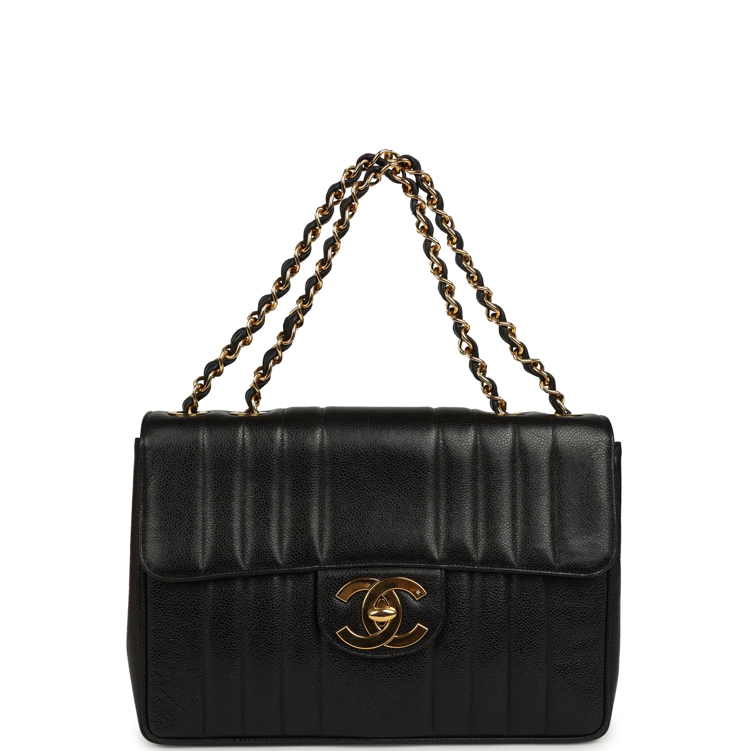 New Chanel Jumbo Classic Mademoiselle Vertical Flap Black Caviar Gold Hardware