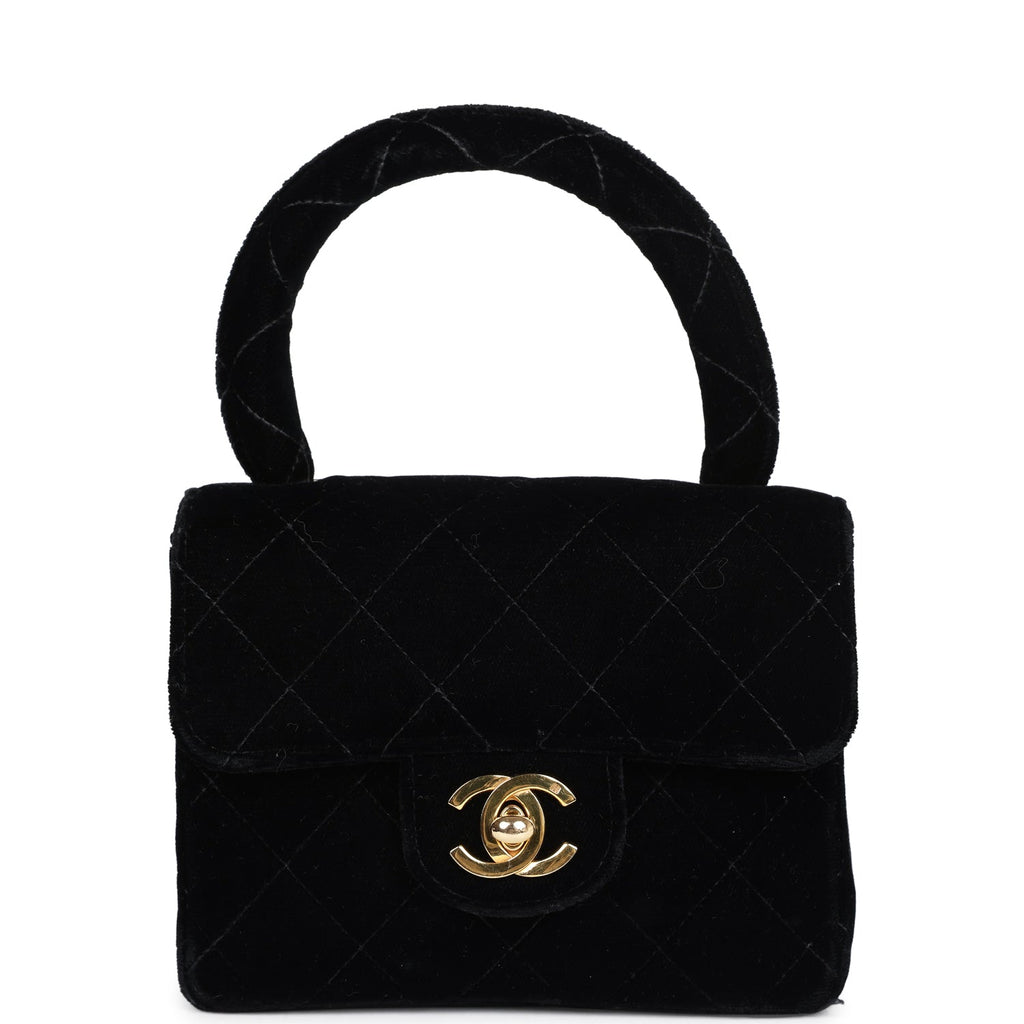 New Chanel Micro Kelly Child Flap Bag Black Velvet Gold Hardware