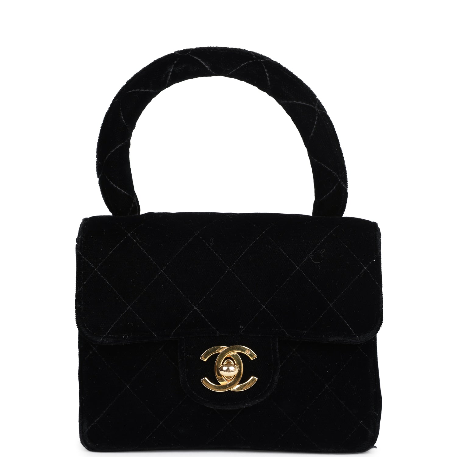 New Chanel Micro Kelly Child Flap Bag Black Velvet Gold Hardware